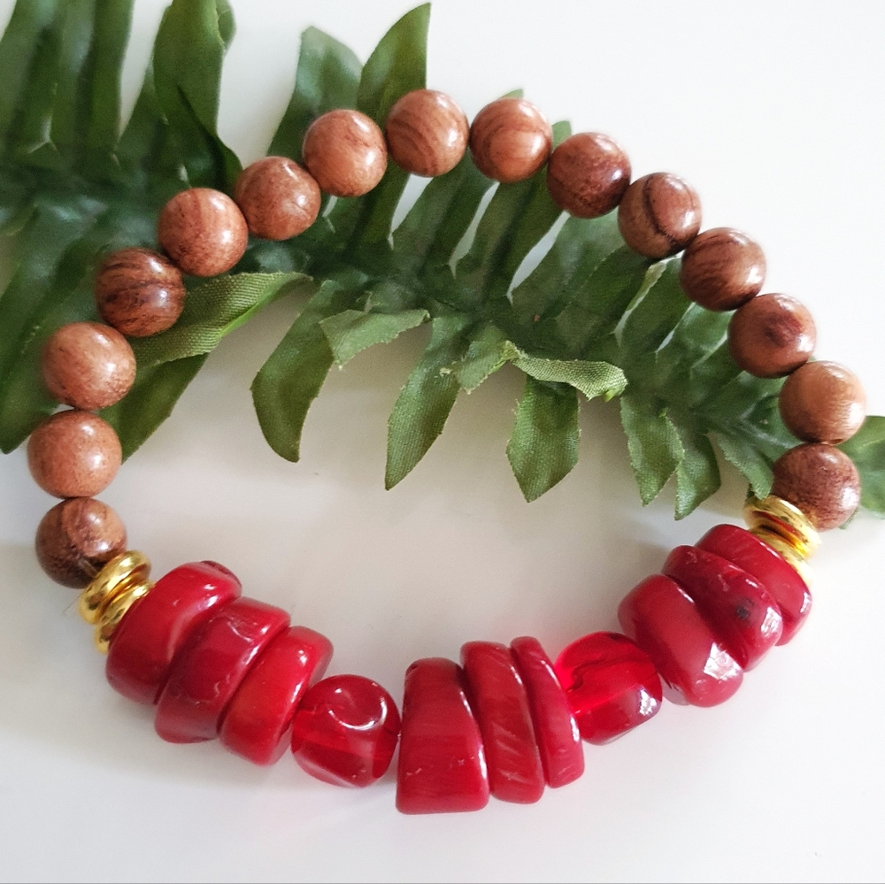 Bamboo Coral, Glass & Polished Wood Beads Stretch Bracelet